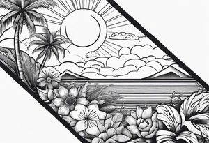arm sleeve, clouds, dove, sun, flowers, palm trees, tattoo idea