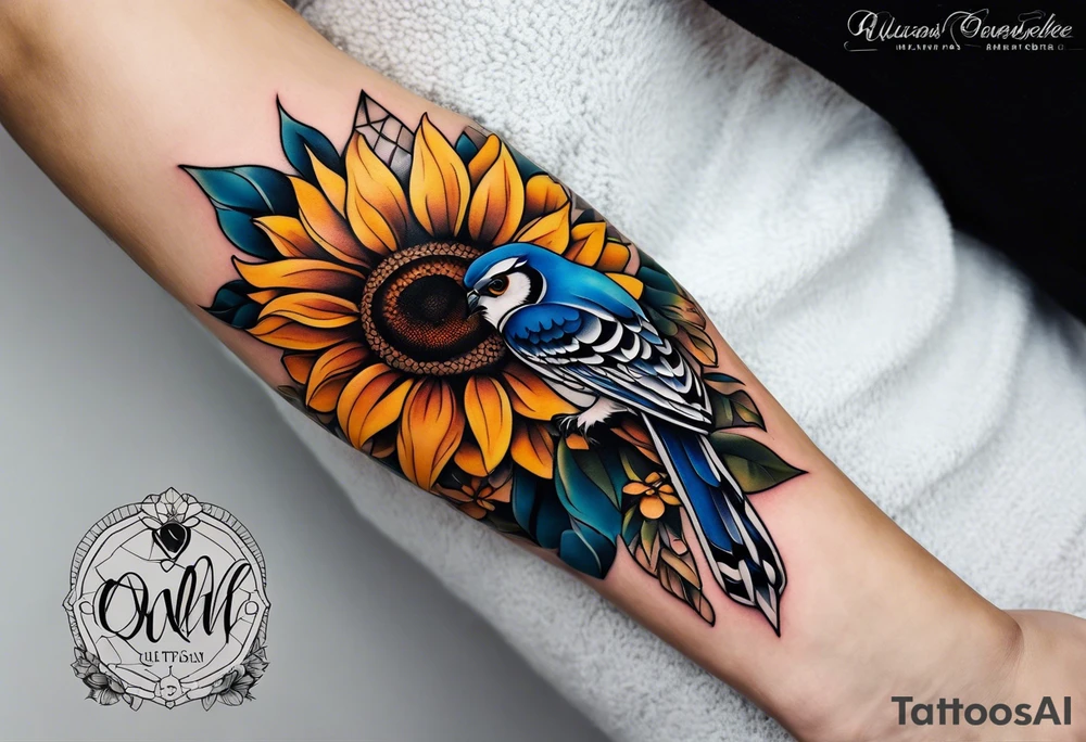 Sunflower forearm tattoo with owl with honeycomb background and mandala wrist wrap. Sunflowers and a bluejay tattoo idea