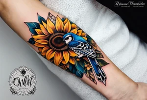 Sunflower forearm tattoo with owl with honeycomb background and mandala wrist wrap. Sunflowers and a bluejay tattoo idea