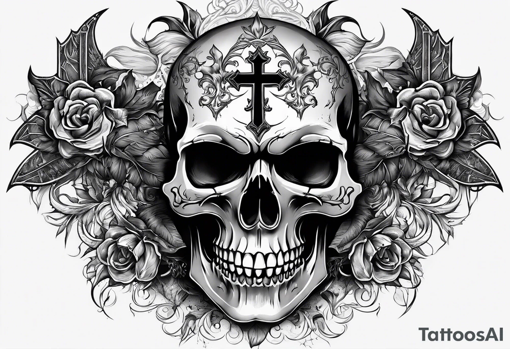 Skull with vampire fangs, three crosses, prayer hands tattoo idea