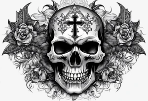 Skull with vampire fangs, three crosses, prayer hands tattoo idea