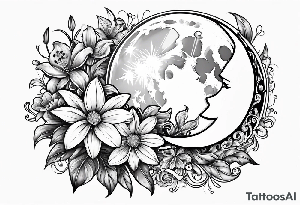 moon with crystals, mushrooms, and lily’s and daisy’s tattoo idea