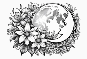 moon with crystals, mushrooms, and lily’s and daisy’s tattoo idea