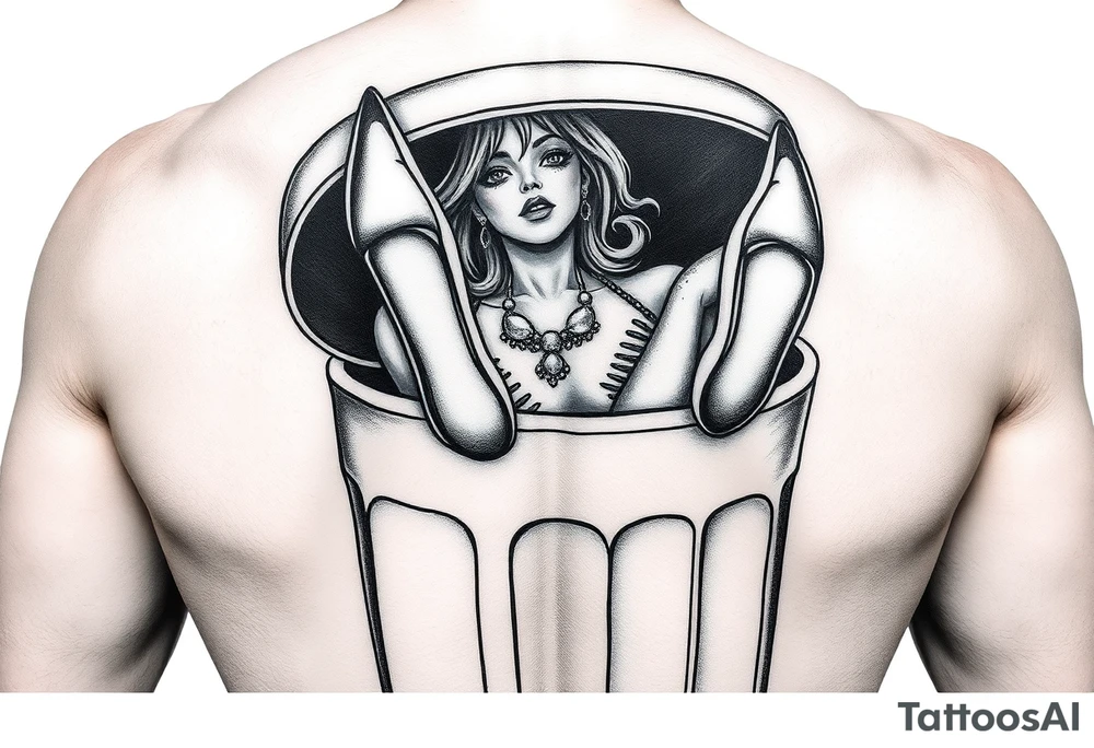 Prostitute hanging out of a trash can 
 dead with high heels and xs where her eyes are tattoo idea