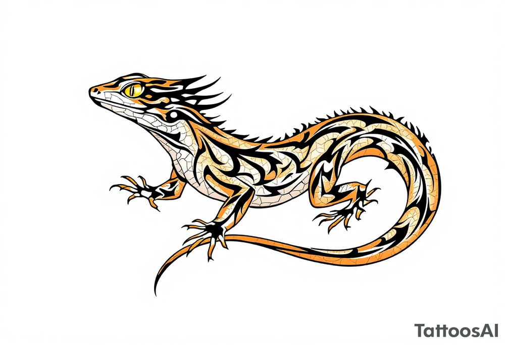 Tribal desert lizard with cracked earth texture – A sleek, agile lizard in motion, designed with tribal curves and sharp angles along its spine. Its skin mimics the pattern of sunbaked, cracked earth, blending tones of burnt orange, dusty brown, and charcoal black. The tail coils elegantly, forming a spiral, while the eyes gleam in golden yellow, symbolizing survival, transformation, and primal instincts. tattoo idea