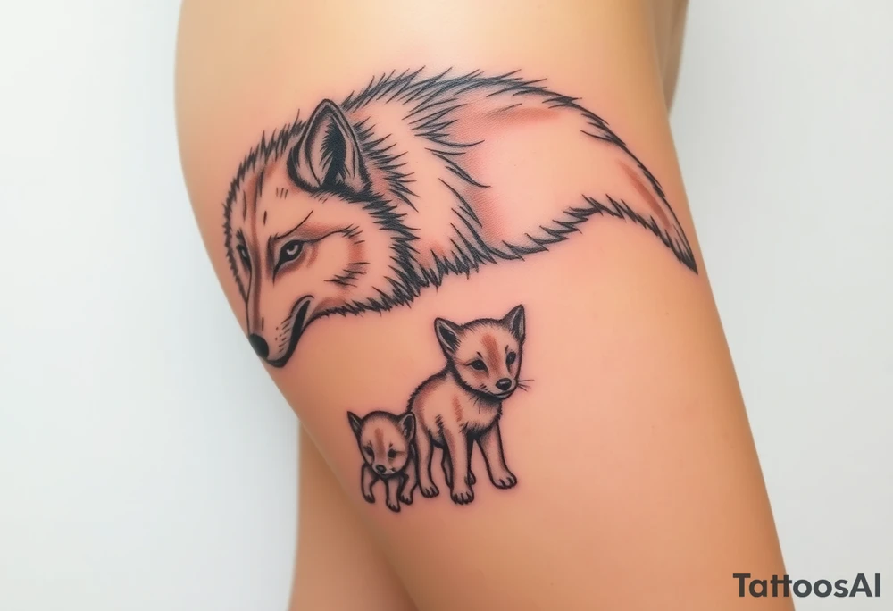 Something to do with a wolf amd 2 cubs 
Mother cub is beaten but on way to recovery whilst baby cubs are in pristine condition happy and not noticing how bad mother wolf is tattoo idea