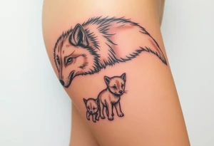 Something to do with a wolf amd 2 cubs 
Mother cub is beaten but on way to recovery whilst baby cubs are in pristine condition happy and not noticing how bad mother wolf is tattoo idea