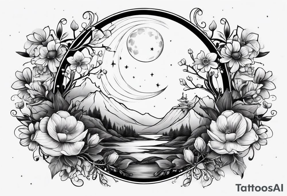 powerful moon and little flowers tattoo idea
