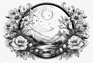 powerful moon and little flowers tattoo idea