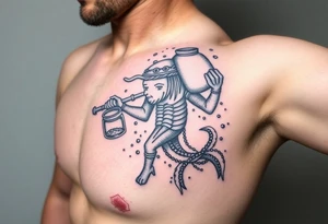 A large humanized aquarius carrying a jar on the shoulder, from the jar flows out of water to create a marine environment tattoo idea