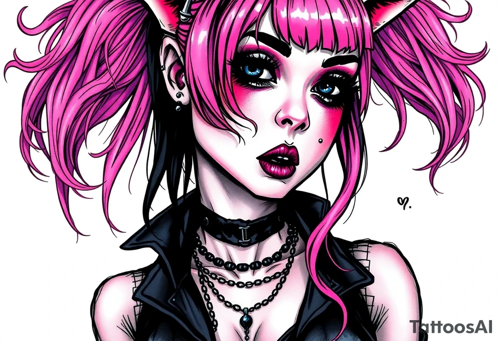 hot goth girl with puppy ears and with piercings on face and big boobs and big butt full body 
 with black outfit on with pink hair tattoo idea