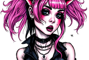 hot goth girl with puppy ears and with piercings on face and big boobs and big butt full body 
 with black outfit on with pink hair tattoo idea