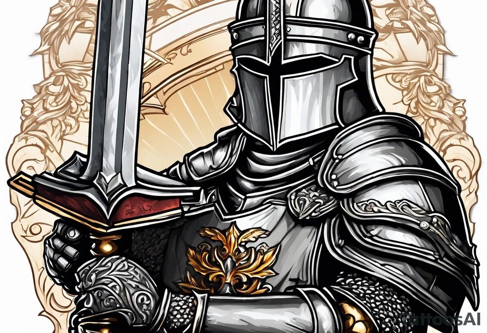 knight holding a bible over his head in combat tattoo idea