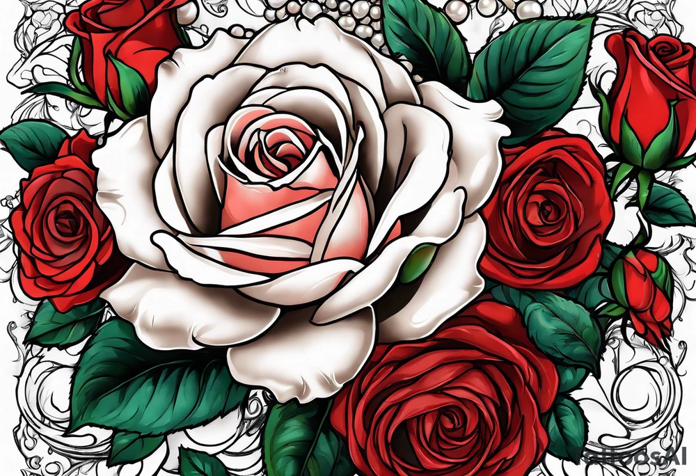 Red roses with pearls tattoo idea
