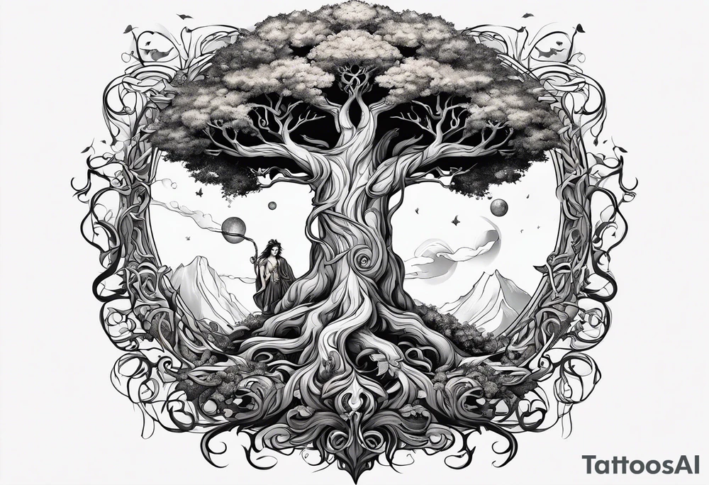The deity Pan is entwined in a tree which is a portal in a other world tattoo idea