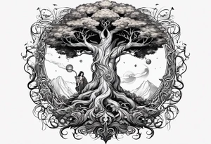 The deity Pan is entwined in a tree which is a portal in a other world tattoo idea