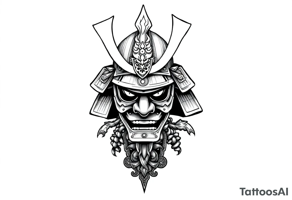 Samurai helmet tattoo design, Japanese style, black and grey ink, highly detailed, bold linework, symmetrical layout, traditional armor, ornamental patterns, forearm placement, minimal background, warrior spirit, sketch style tattoo idea