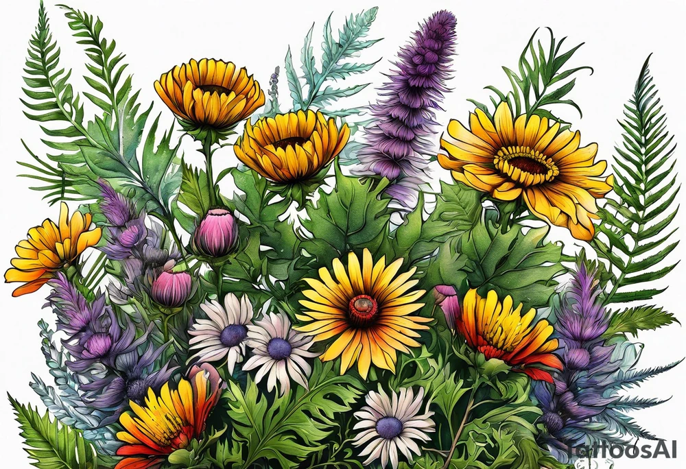 spread out mixed wildflower bouquet with ferns, thistle and with color and show the design on a leg tattoo idea