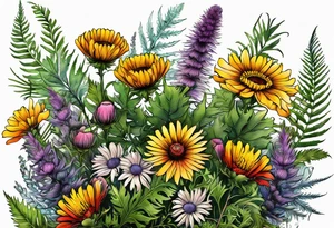 spread out mixed wildflower bouquet with ferns, thistle and with color and show the design on a leg tattoo idea