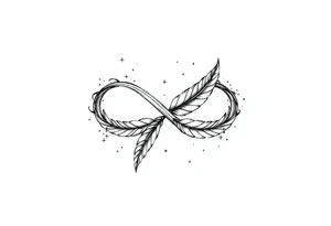 infinity symbol woven with floating feathers and stardust tattoo idea