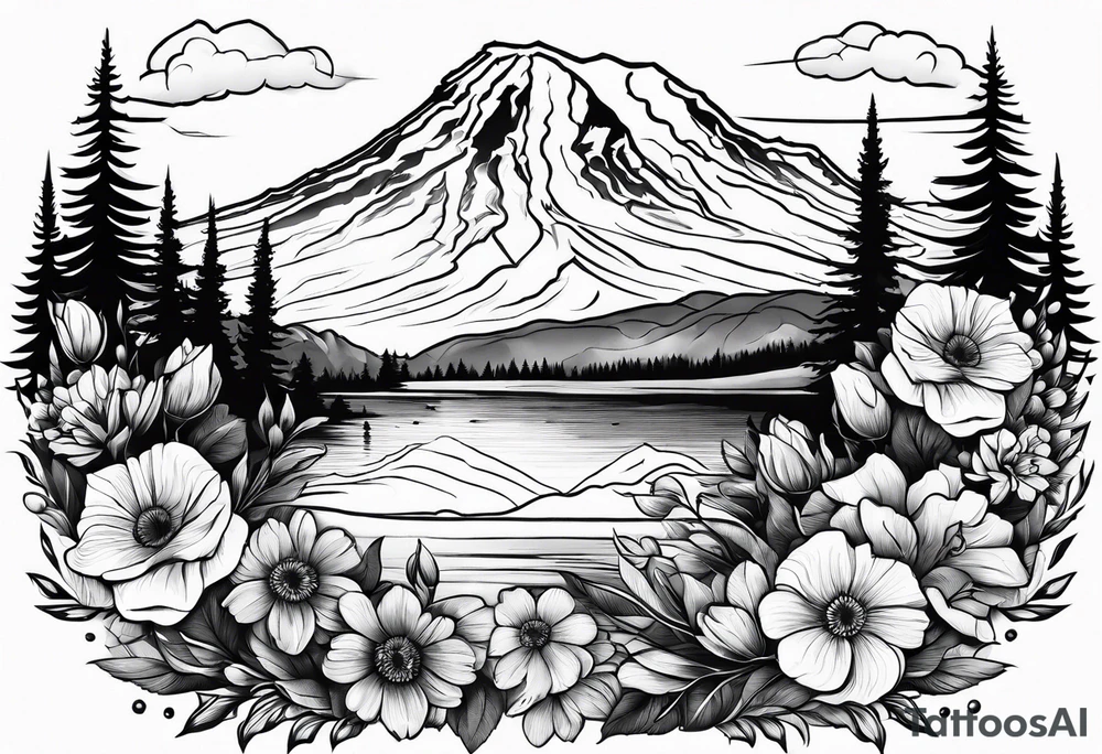 mount rainier with flowers around it tattoo idea