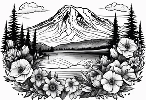 mount rainier with flowers around it tattoo idea