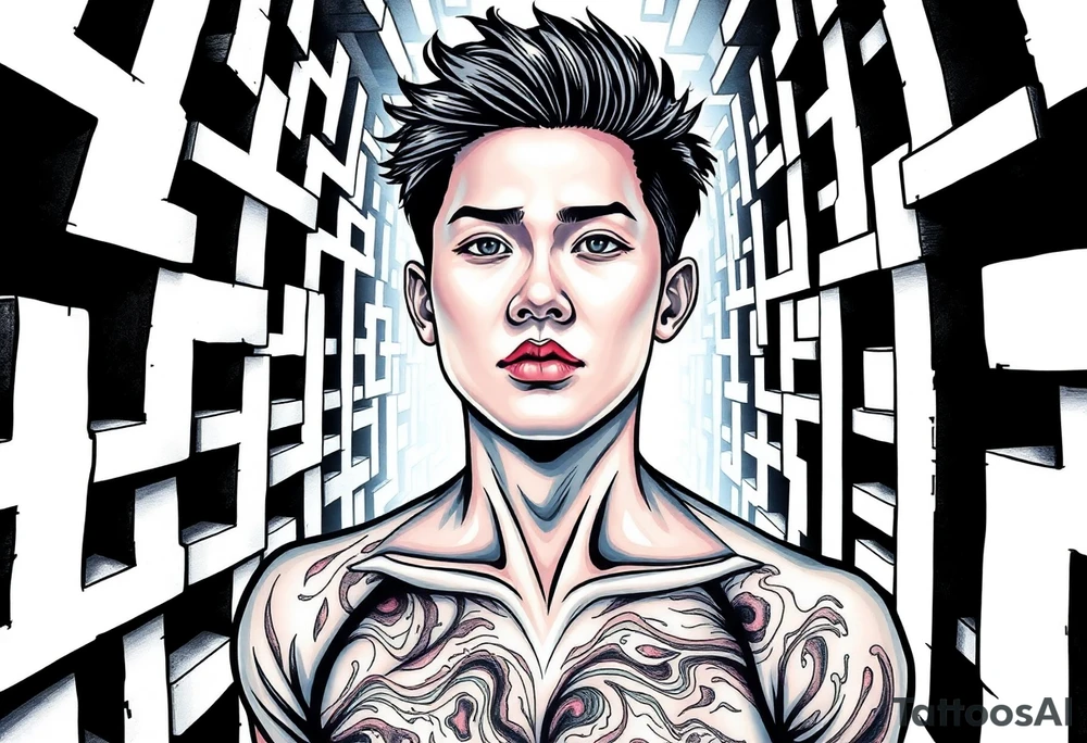 Handsome Asian young guy lost in labyrinth tattoo idea