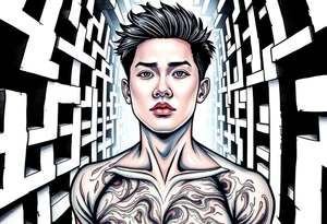Handsome Asian young guy lost in labyrinth tattoo idea