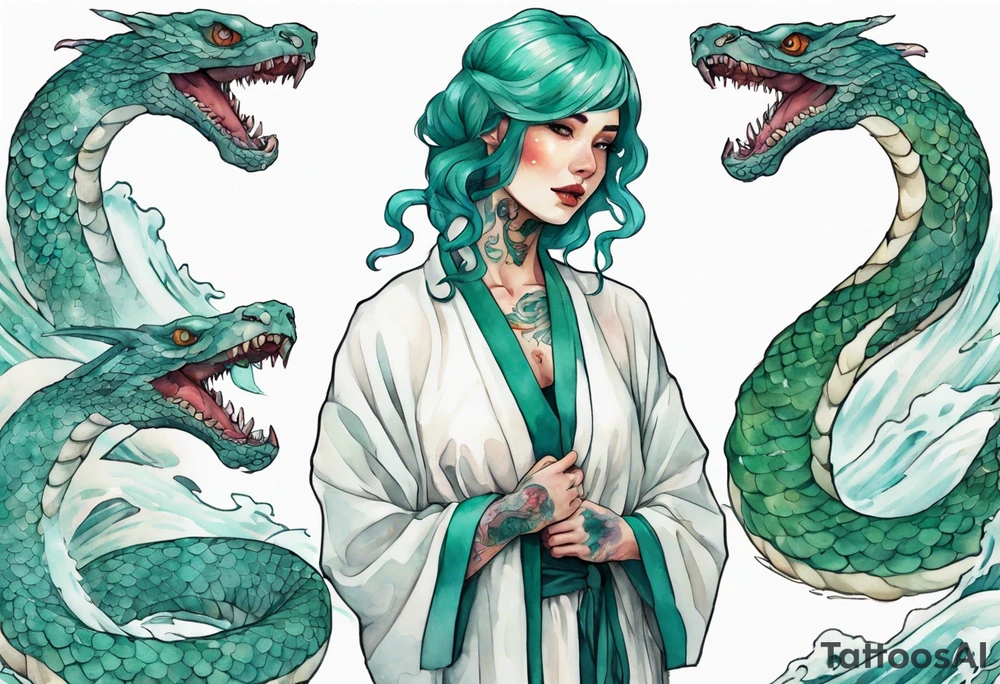 an Irish woman with teal hair wearing a white robe standing next to a sea-serpent tattoo idea