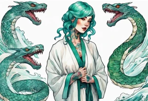 an Irish woman with teal hair wearing a white robe standing next to a sea-serpent tattoo idea