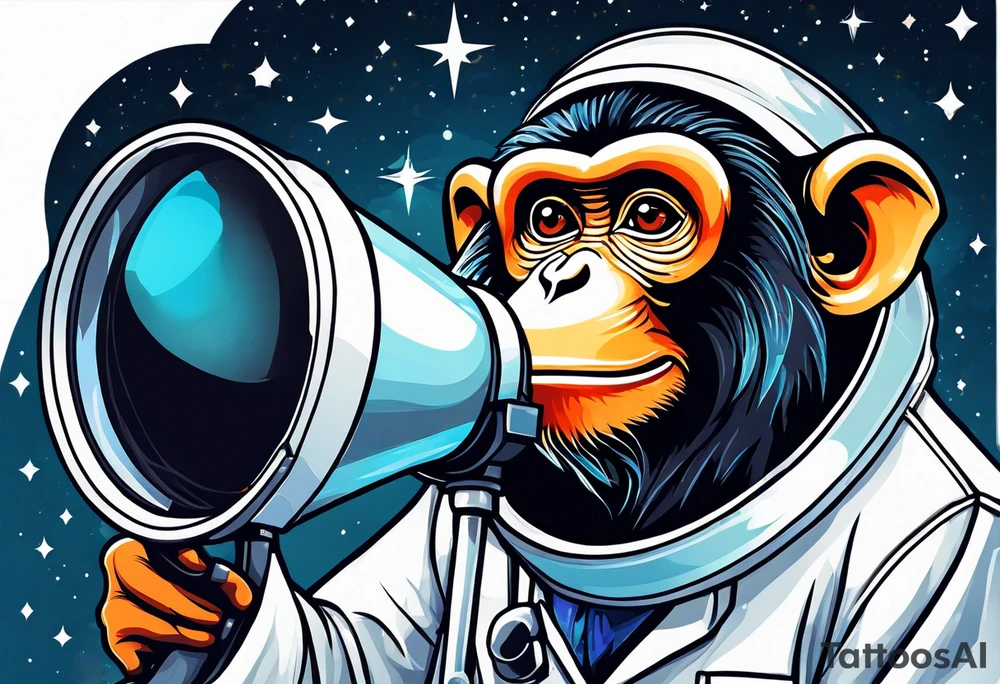 Small monkey in a lab coat looking up at the stars through a telescope tattoo idea