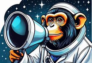 Small monkey in a lab coat looking up at the stars through a telescope tattoo idea