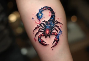 Rising with passion and danger, the Scorpius constellation lights the sky with crimson and sapphire fire in closure of its star constellation tattoo idea