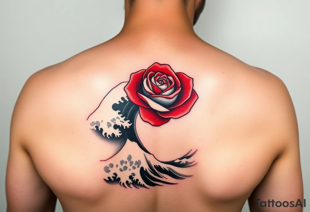 Arm tattoo of a beautiful red rose in the middle surrounded by the Great Wave off Kanagawa in black and white. tattoo idea