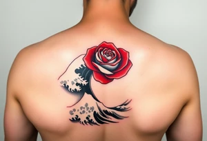 Arm tattoo of a beautiful red rose in the middle surrounded by the Great Wave off Kanagawa in black and white. tattoo idea