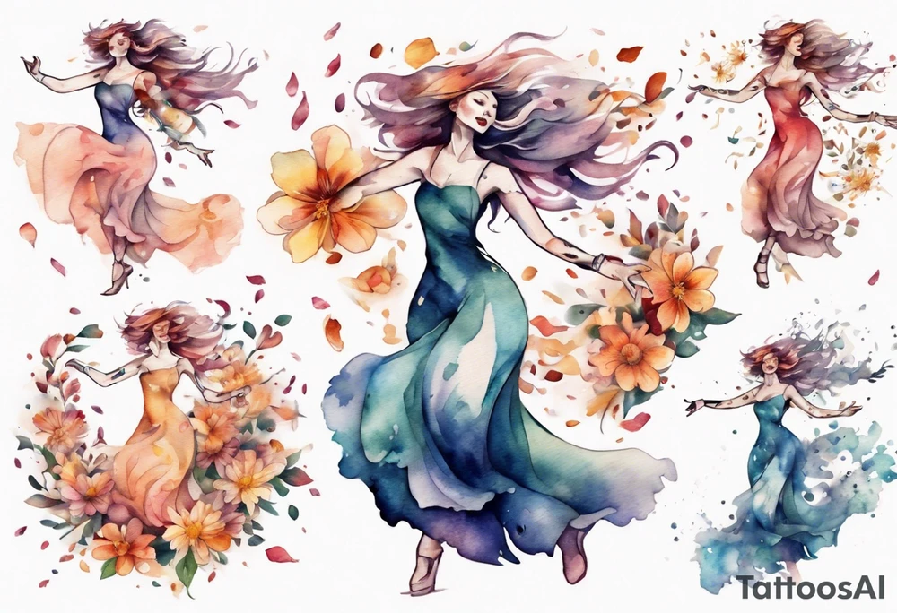 One Very feminine woman dancing in a wind of flower petals tattoo idea