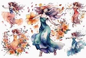 One Very feminine woman dancing in a wind of flower petals tattoo idea