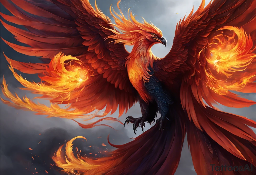 Style: Primarily realistic with subtle abstract elements for flow and connection.
Phoenix on the Shoulder: A realistic phoenix rising from flames, symbolizing resilience and rebirth. The feathers are intricately detailed, with flames or smoke wrapping around the upper arm, flowing downward to connect with other elements in the sleeve.

Witches: Realistic yet mystical representations of witches, either as dark silhouettes or subtle figures within shadows. They’re spaced throughout the design, adding a sense of wisdom and mystery to the piece.

Angel Flying into Space: An angel starting mid-arm and ascending upwards, transitioning into stars, cosmic dust, or nebulae as it approaches the phoenix on the shoulder. This symbolizes transcendence and limitless inspiration, with stars and abstract cosmic details surrounding the angel.

Family (Close and Distant): Realistic figures representing family members, positioned in a gradient along the forearm. Some are highly detailed and close, while others fade into the background, symbolizing closeness and distance within the family dynamic.

Overall Composition: The elements are interconnected with flowing lines, smoke, and cosmic themes, creating a unified sleeve that tells a personal story of life, music, and inspiration. tattoo idea