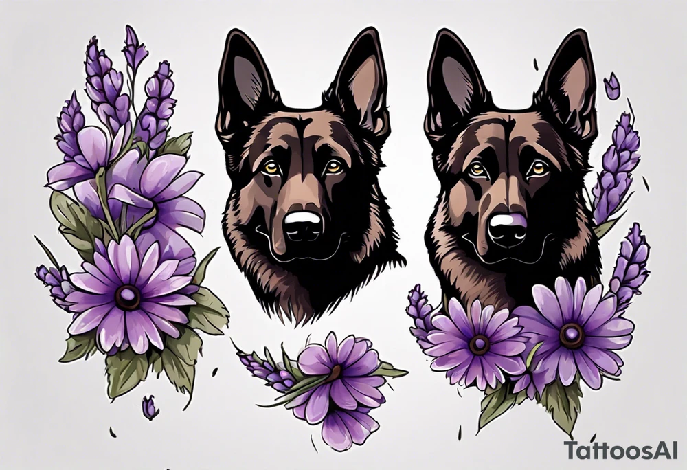 Dark brown German shepherd with purple daisies tattoo idea