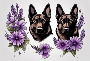 Dark brown German shepherd with purple daisies tattoo idea