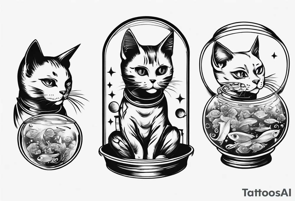 Space cat with a fish bowl on head tattoo idea