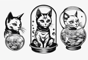 Space cat with a fish bowl on head tattoo idea