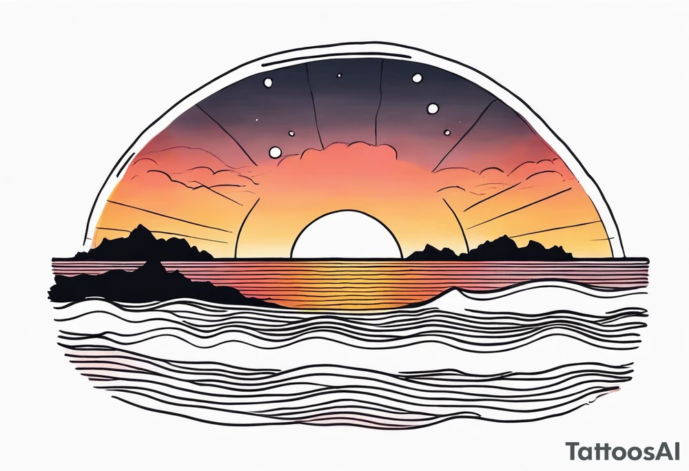 You're adding way too much. hand drawn minimal sunset. Only Ocean and sunset in the image. Very calm waters with barely any waves. tattoo idea