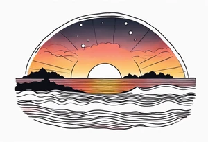 You're adding way too much. hand drawn minimal sunset. Only Ocean and sunset in the image. Very calm waters with barely any waves. tattoo idea