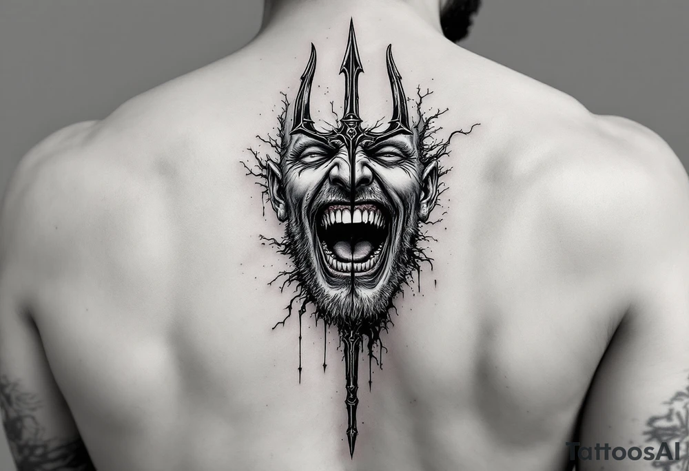 laughing man face behind trident tattoo idea