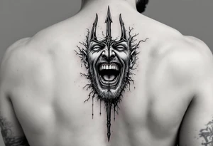 laughing man face behind trident tattoo idea