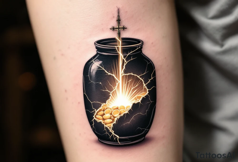A black and white tattoo that captures both the fragility of the jar and the treasure inside can be incredibly symbolic. Here’s a refined concept that integrates both elements:

Cracked Jar with Glowing Treasure Inside:
- The Jar: The main design can be a clay jar, slightly cracked, representing human fragility.
- The Cracks: From the cracks in the jar, light pours out—symbolizing the divine treasure (God’s power) within. You can emphasize the cracks with golden lines (like kintsugi) to show that even in brokenness, there is beauty.
- The Treasure: Inside the jar, you could depict glowing treasures, such as gold coins, a radiant heart, or even spiritual symbols like a cross, a dove, or a light-filled crown. The treasure doesn’t have to be too literal—just enough to show that what’s inside is precious and divine.

### Additional Elements:
- Hands Holding the Jar: To further emphasize fragility and care, you could add divine or human hands gently holding the jar, symbolizing protection despite its weakness.
- Scriptural Reference: Around or beneath the jar, you could include "2 Corinthians 4:7" in a graceful script to anchor the design in its biblical meaning.
  
This concept unites the theme of human fragility and God's power, using the cracked jar as the vessel that reveals the treasure within. tattoo idea