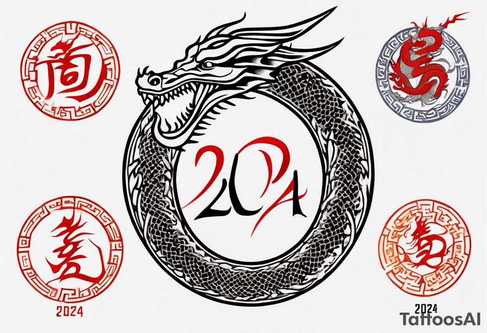 A simple tattoo of the year "2024" with a simple Chinese dragon must include the text "2024" in English tattoo idea