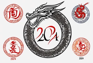 A simple tattoo of the year "2024" with a simple Chinese dragon must include the text "2024" in English tattoo idea