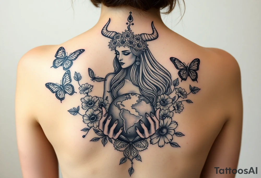 Taurus goddess with earth in her hands and butterflies and flowers all around her tattoo idea